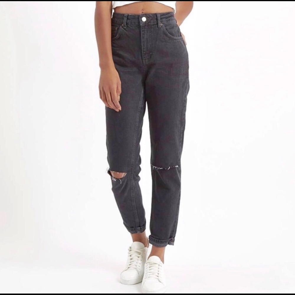 Topshop high-rise black moto distressed mom jeans